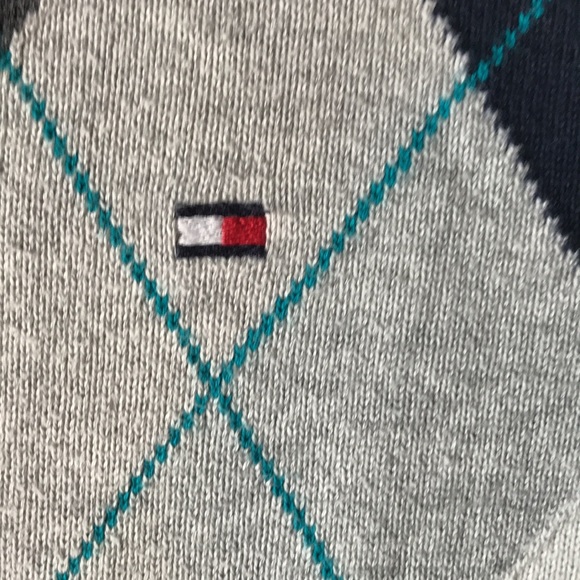 Tommy Hilfiger Pale Grey Cotton Argyle/diamond  High v neck Sweater EUC - Picture 3 of 6